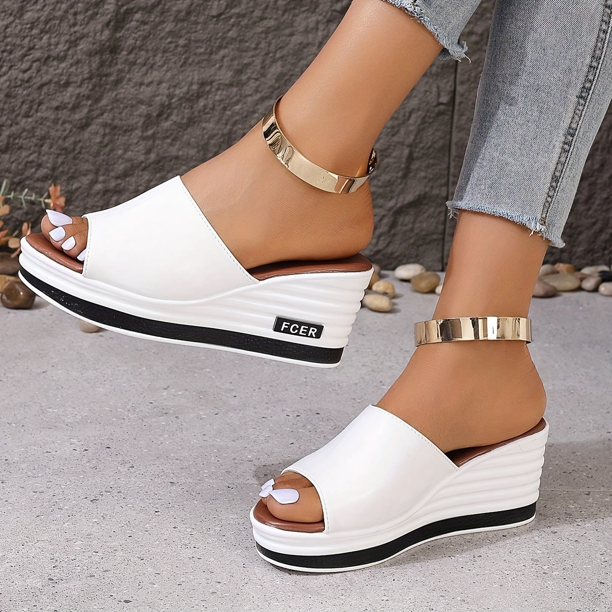 Women's White Wedge Sandals with Gold Ankle Accent Open Toe Casual Summer Shoes