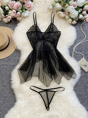 Women Sheer Mesh Lace Halter Dress and Thong Lingerie Set