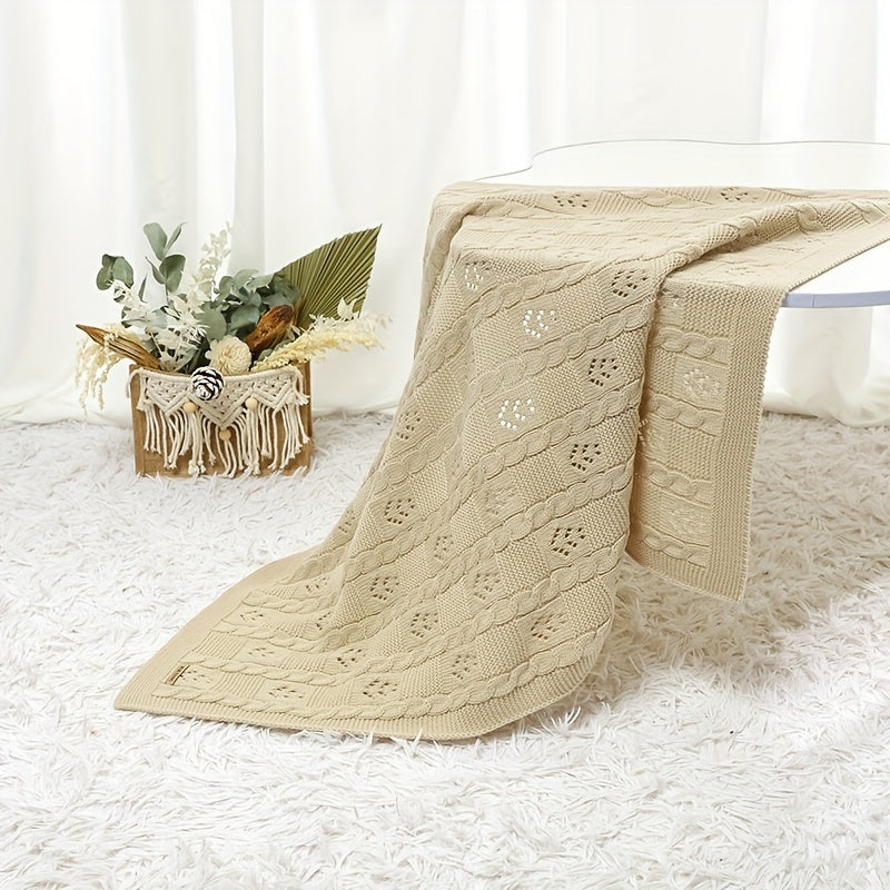 Solid Color Throw Blanket for Spring and Summer Knit Cable Hollow-Out Design Light Green Khaki White