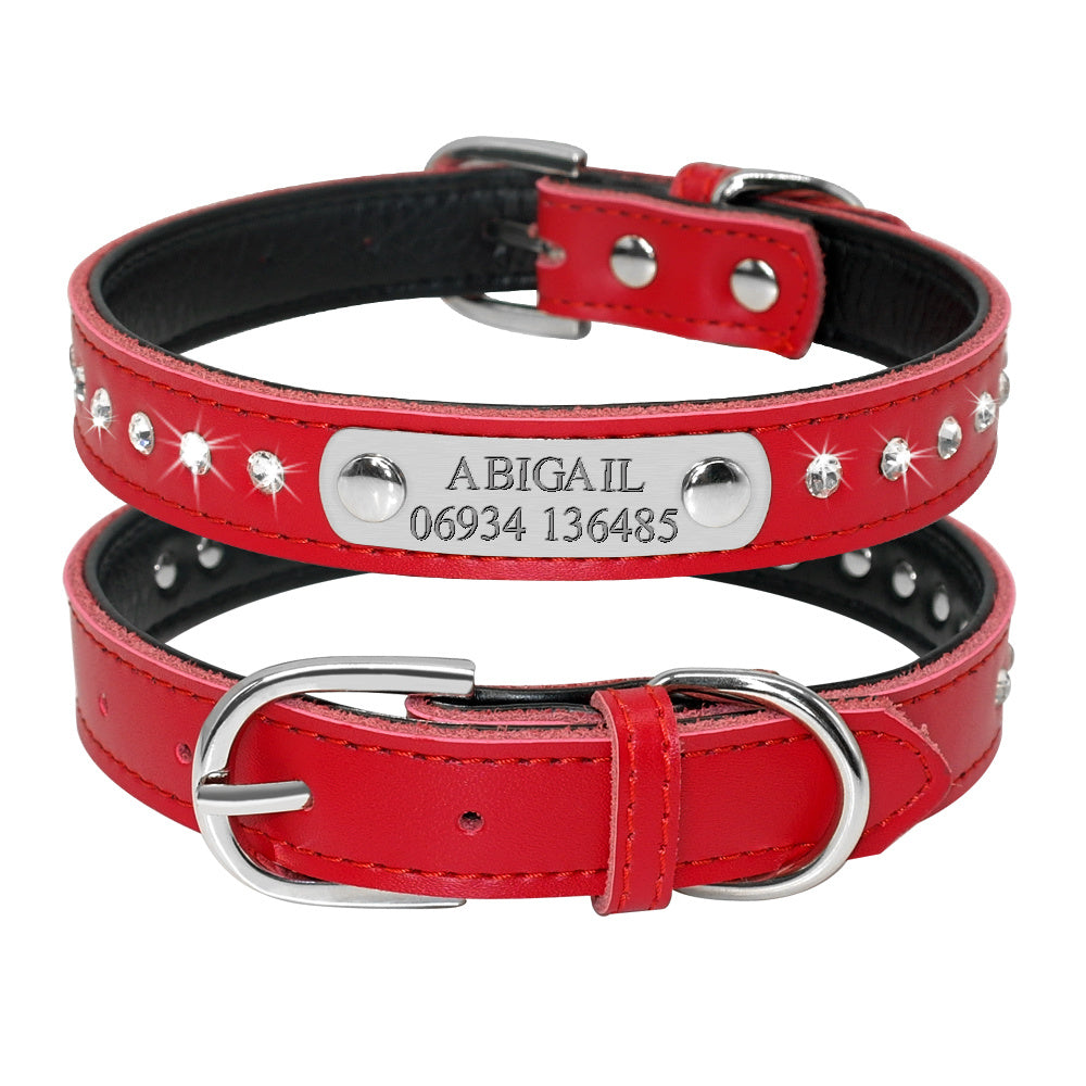 Leather Pet Collar for Small Dogs and Kittens Adjustable with Nameplate and Free Engraving