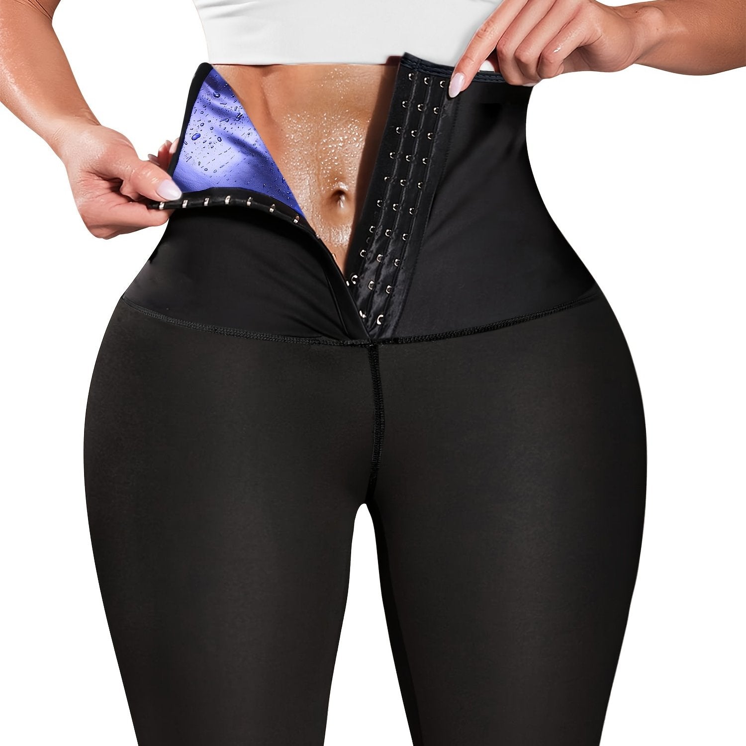 Women's High-Waisted Sauna Sweat Shorts Tummy Control Slimming Workout Leggings Black Polyester Elastane