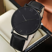 Black Round Quartz Watch with PU Leather Strap Alloy Dial and Pointer for Women and Men