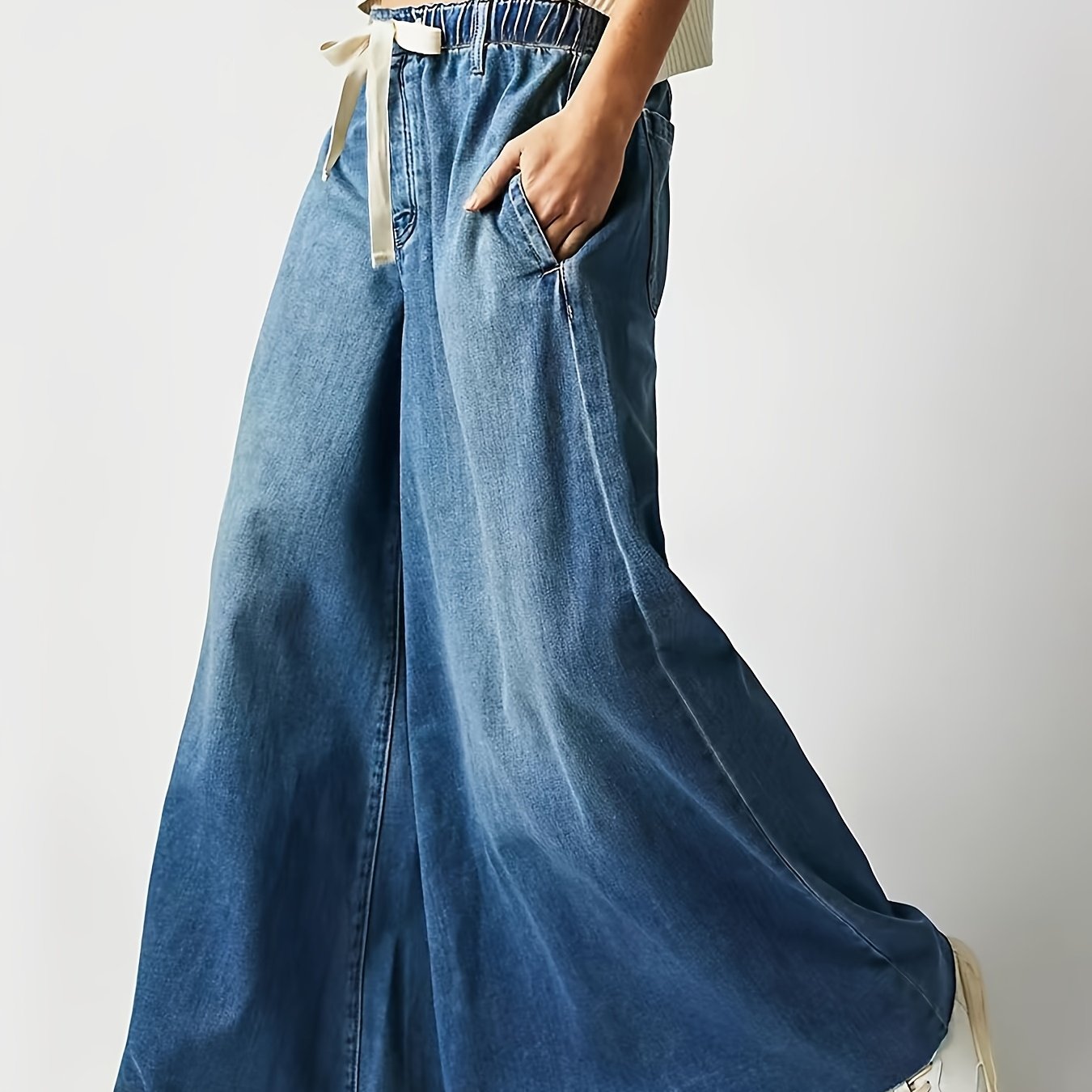 Women's High-Waisted Wide Leg Denim Jeans Casual Solid Cotton-Polyester All-Season
