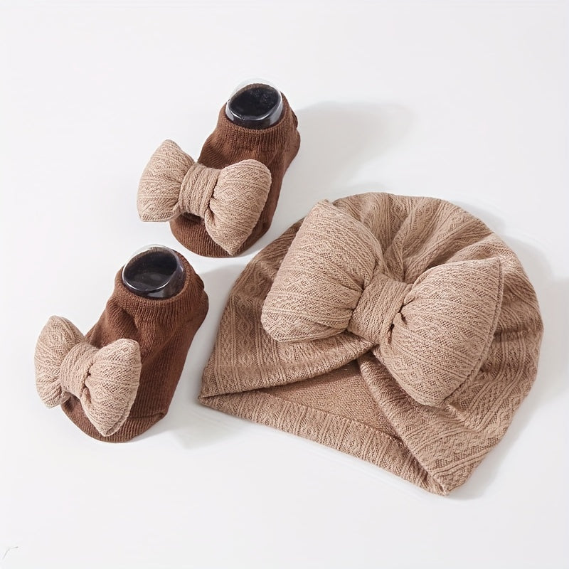 Baby Girl Knit Fleece Bow Hat and Socks Set for Thanksgiving 0-3 Years