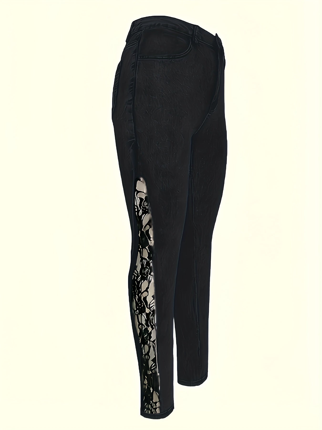 Серые узкие джинсы с высокой талией, кружевной отделкой, полосатым декором, из денима, для всех сезонов