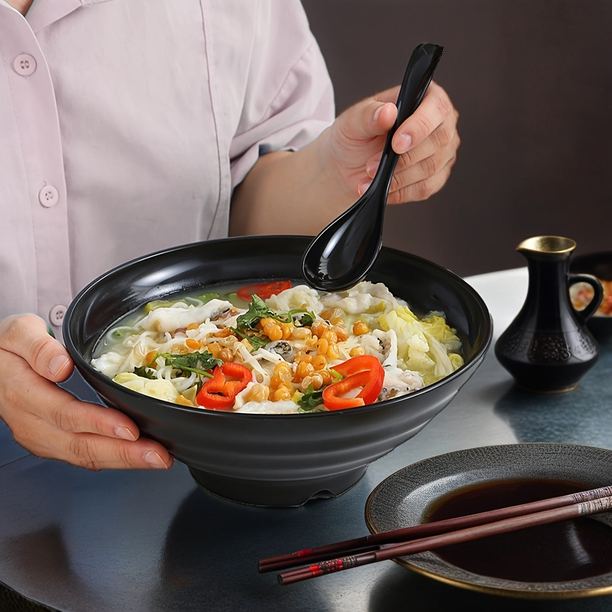 Set of 2 Black Polypropylene Ramen Bowls Microwave Safe Dishwasher Safe with Spoons