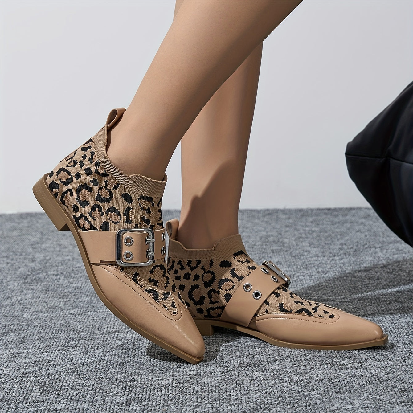 Women's Stretch Slip-On Ankle Booties with Buckle Flat Heel Pointed Toe