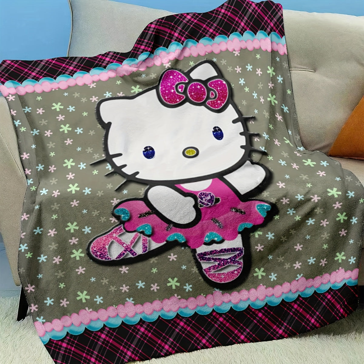 Square Pattern Hello Kitty Flannel Blanket for Kids and Adults Comfortable Bed Sofa Car Use
