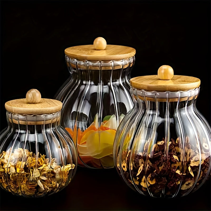 Glass Storage Jar With Bamboo Lid, Striped, for Tea Snacks and Seasonings