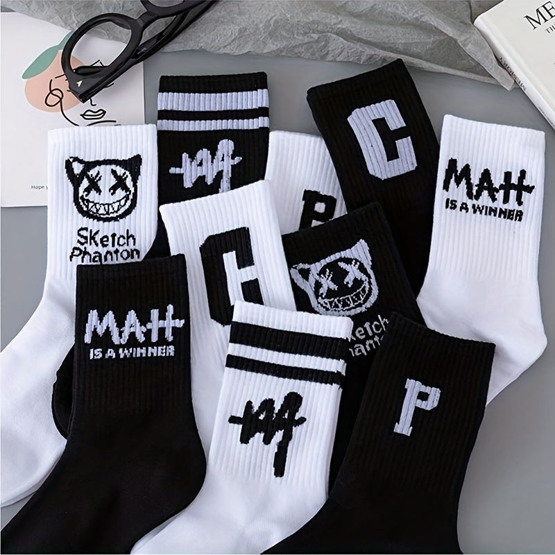 Set of 5 Mid-Calf Letter Print Socks for Men Women Breathable Moisture-Wicking