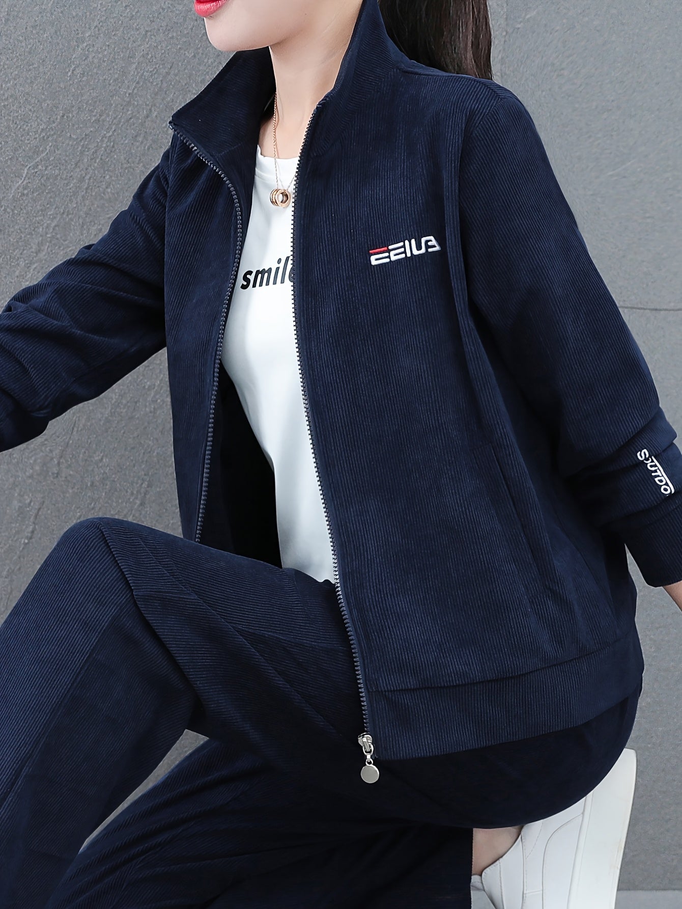 Women's Plus Size Olive Green Corduroy Jacket Casual Zip-Up Outerwear