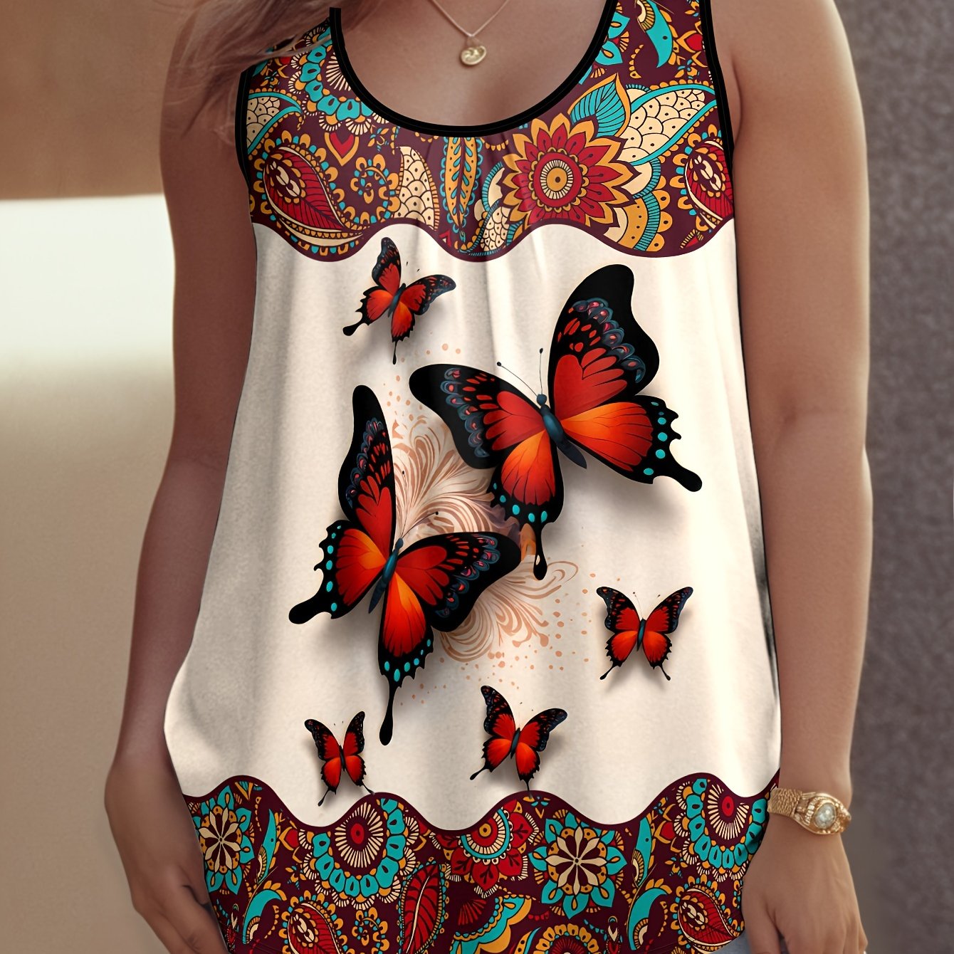 Women's Plus Size Butterfly Print Sleeveless Tank Top for Summer