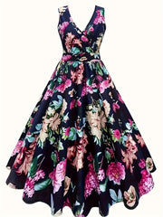 Women's Summer V-Neck Sleeveless Dress with Stretch Fabric Floral Pattern