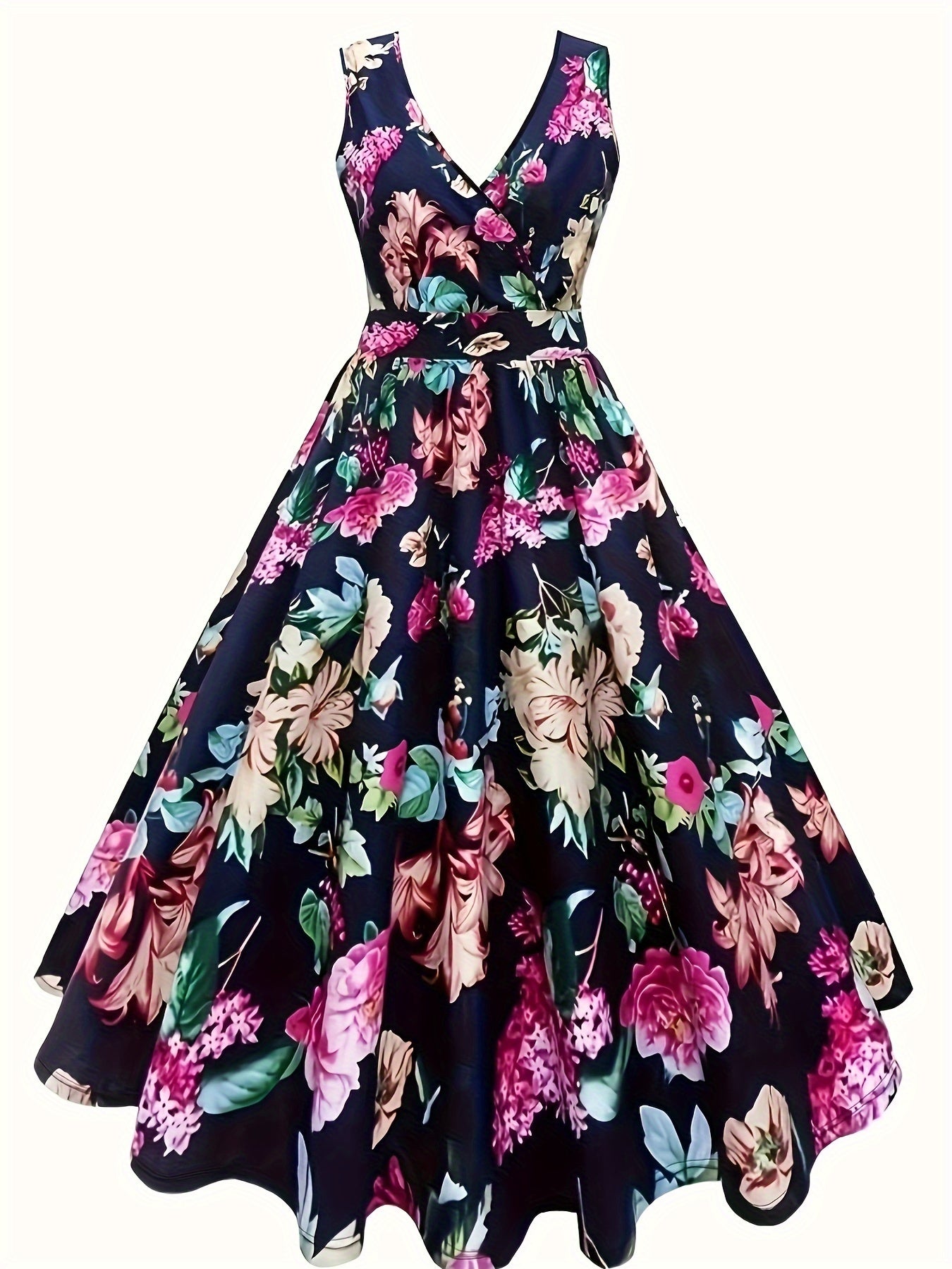 Women's Summer V-Neck Sleeveless Dress with Stretch Fabric Floral Pattern