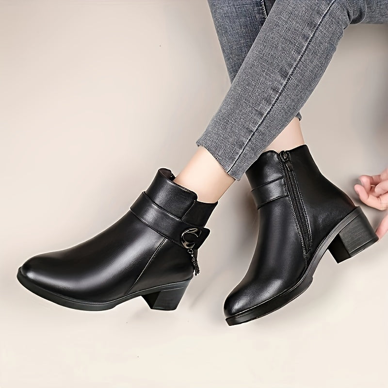 Women's Fleece-Lined Winter Boots Mid-Heel Warm Short Booties Wide Fit