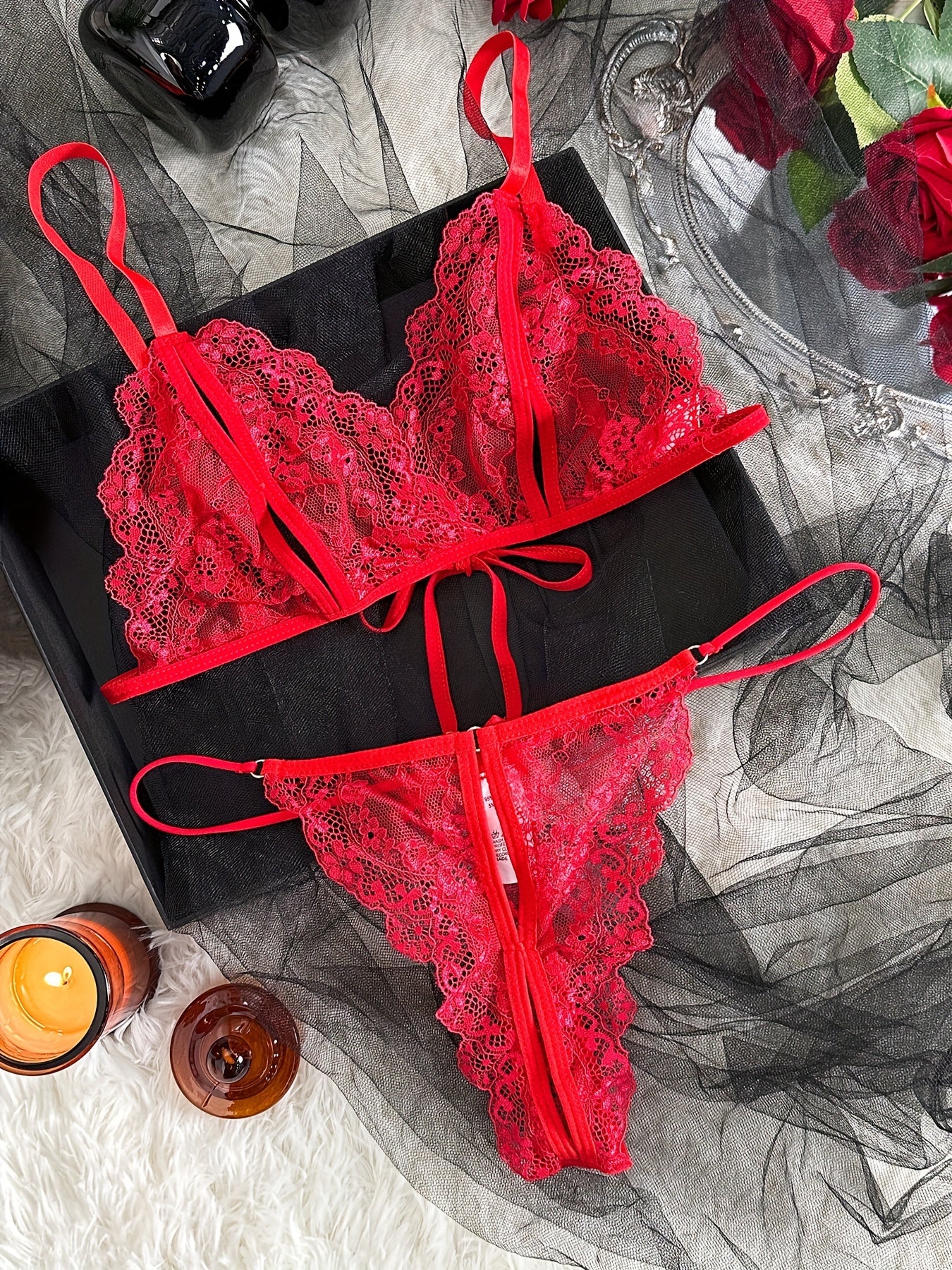 Women's Floral Lace Lingerie Set with Cut-Out Strappy Bra and Thong