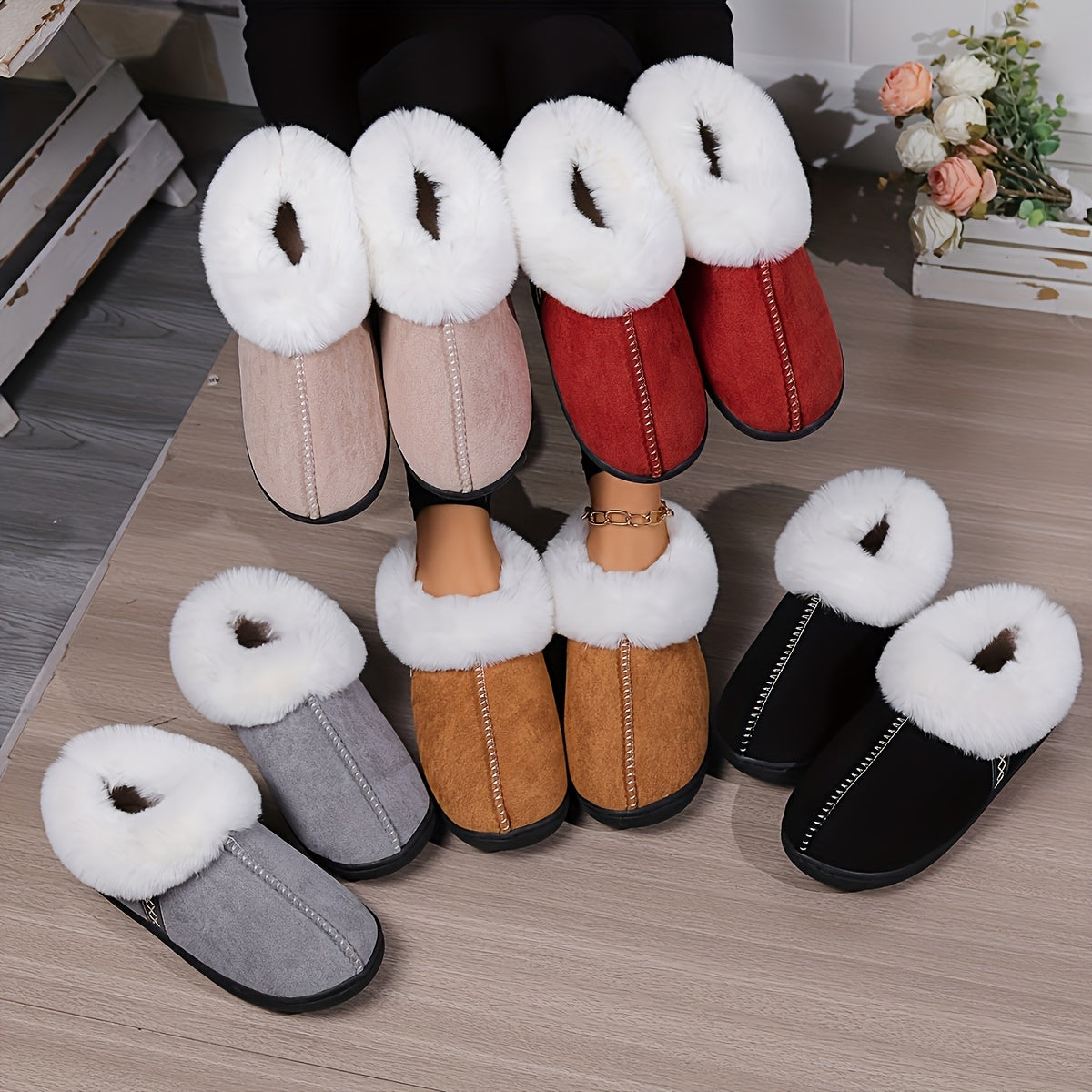 Women's Plush Lined Slippers Solid Color Cozy Home Slip Ons