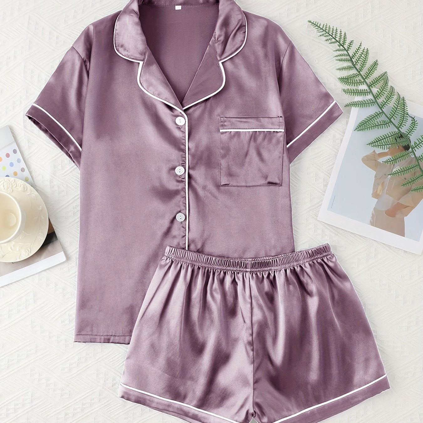 Adult Satin Solid Color Double Shorts Pajama Set