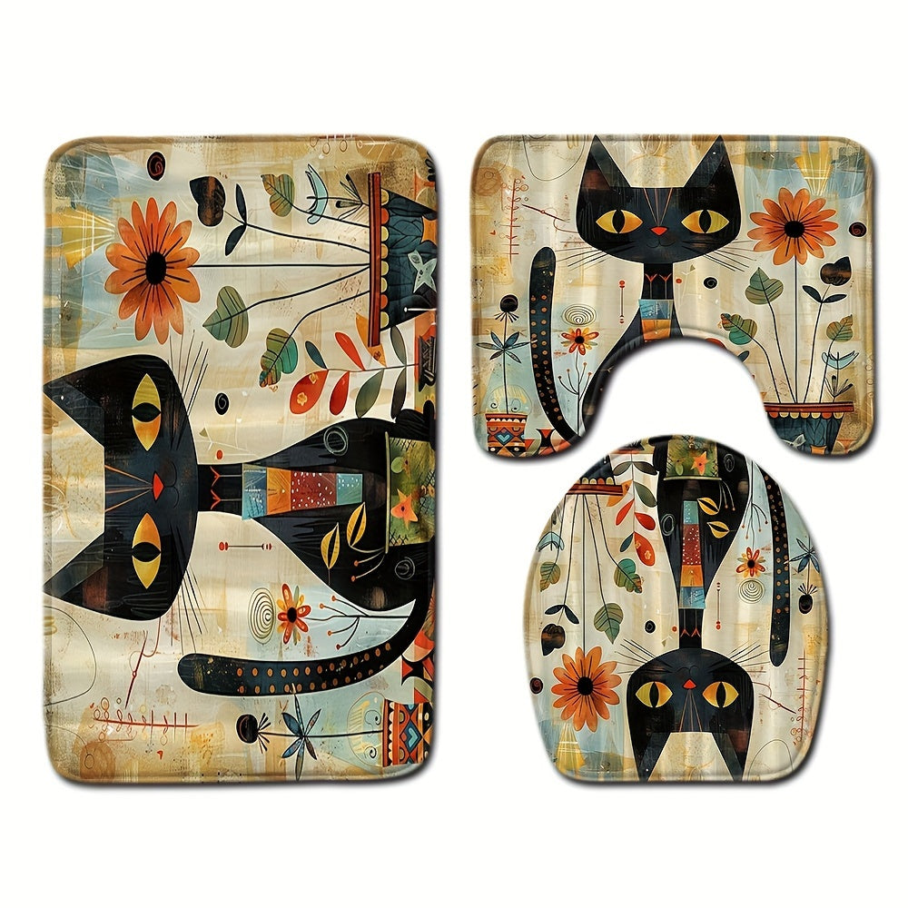Black Cat Sunflower Bathroom Floor Mat Set Toilet Cover Door Mat Non-Slip