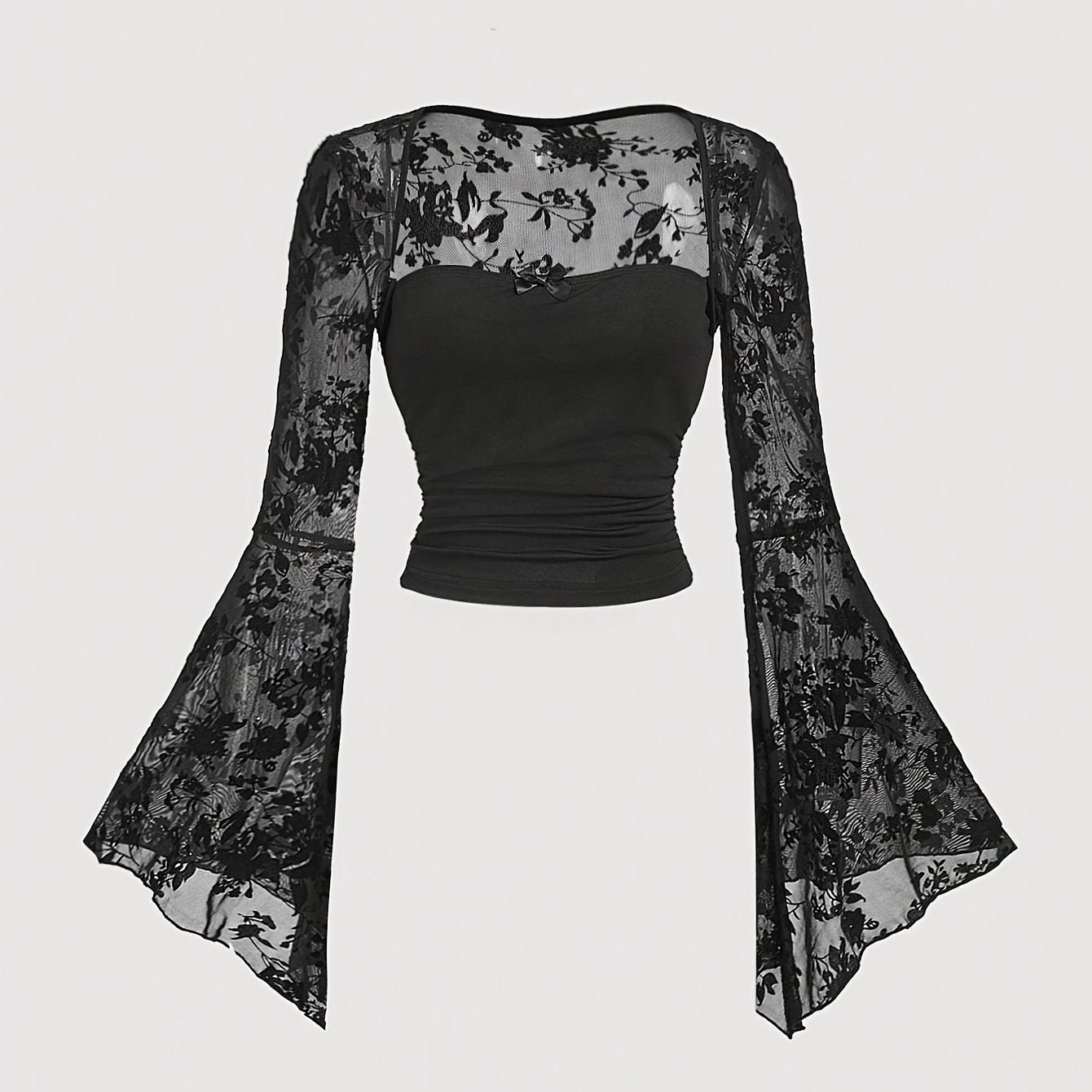 Black Lace Bell Sleeve Crop Top with Bow Tie and Knit Fabric for All Seasons