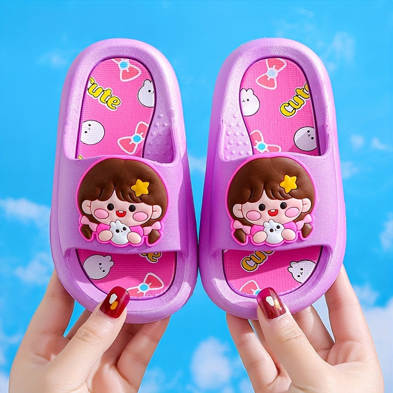 Qizlar uchun chiroyli multfilm ochiq barmoqli uy poyabzallari, ichki foydalanish uchun nafas oladigan va yengil, sirpanmaydigan tagliklar bilan.