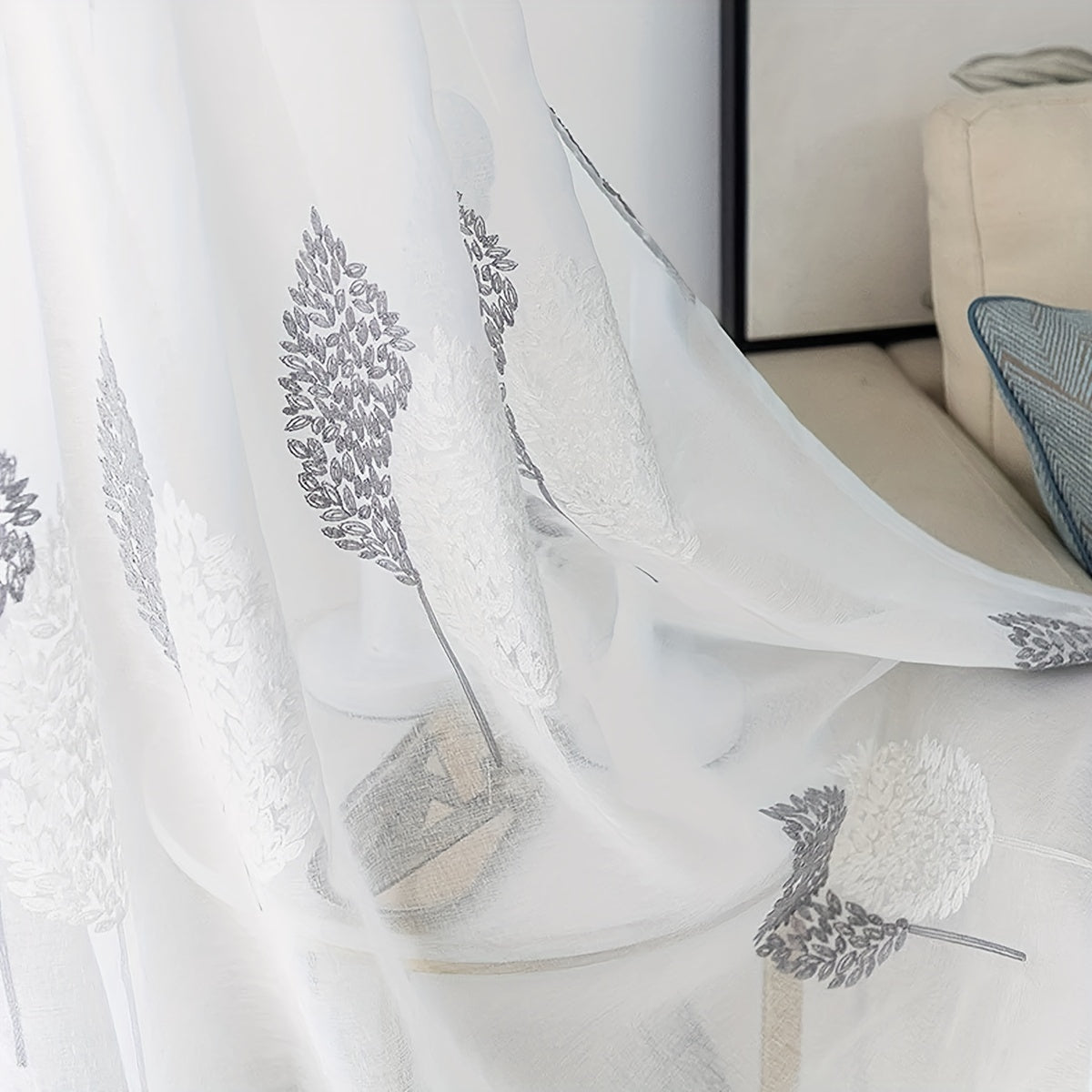 Elegant Tulle Curtain with Leaf Embroidery Translucent Rod Pocket for Living Room Bedroom