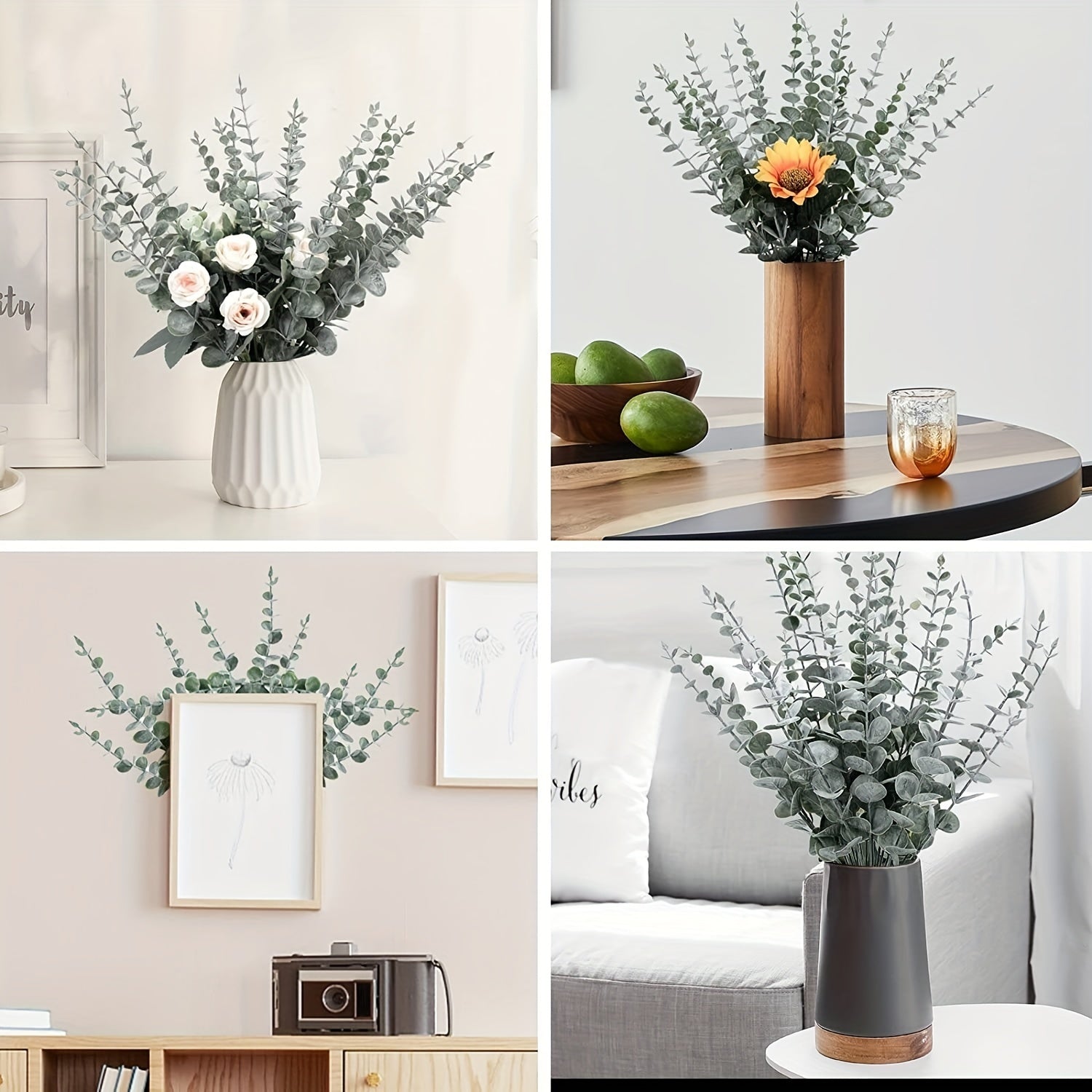 10 Realistic Eucalyptus Leaf Stems for Spring Decor, Faux Green Foliage