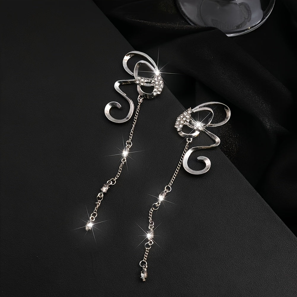 Sterling Silver Butterfly Drop Earrings with Cubic Zirconia and Ribbon Hollow Design