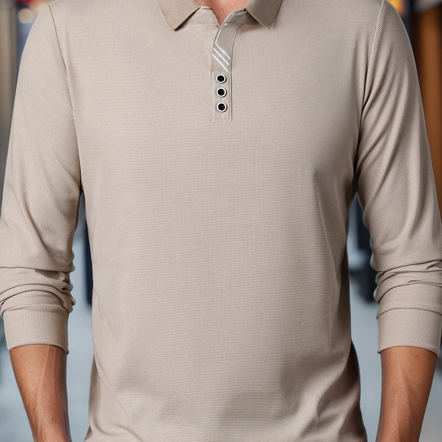 Camisa de golf de manga larga para hombre, punto de poliéster de color sólido, casual, ajuste regular