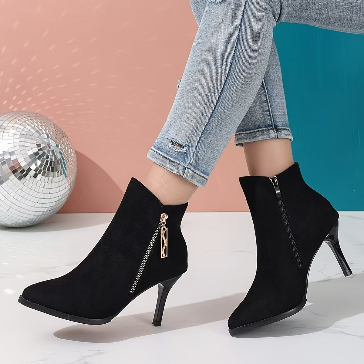 Women's Nubuck Leather Pointed Toe Boots with Zipper, 3-Inch Heel, Slip-Resistant Sole