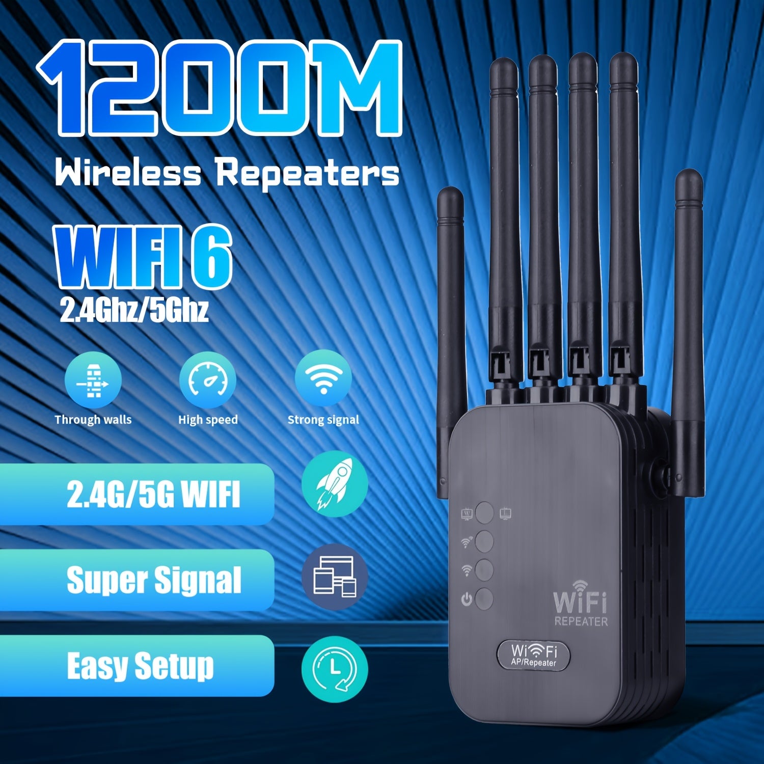 Dual Band WiFi Extender with 6 Antennas, Supports WiFi 6, Up to 1200Mbps, Ethernet Port