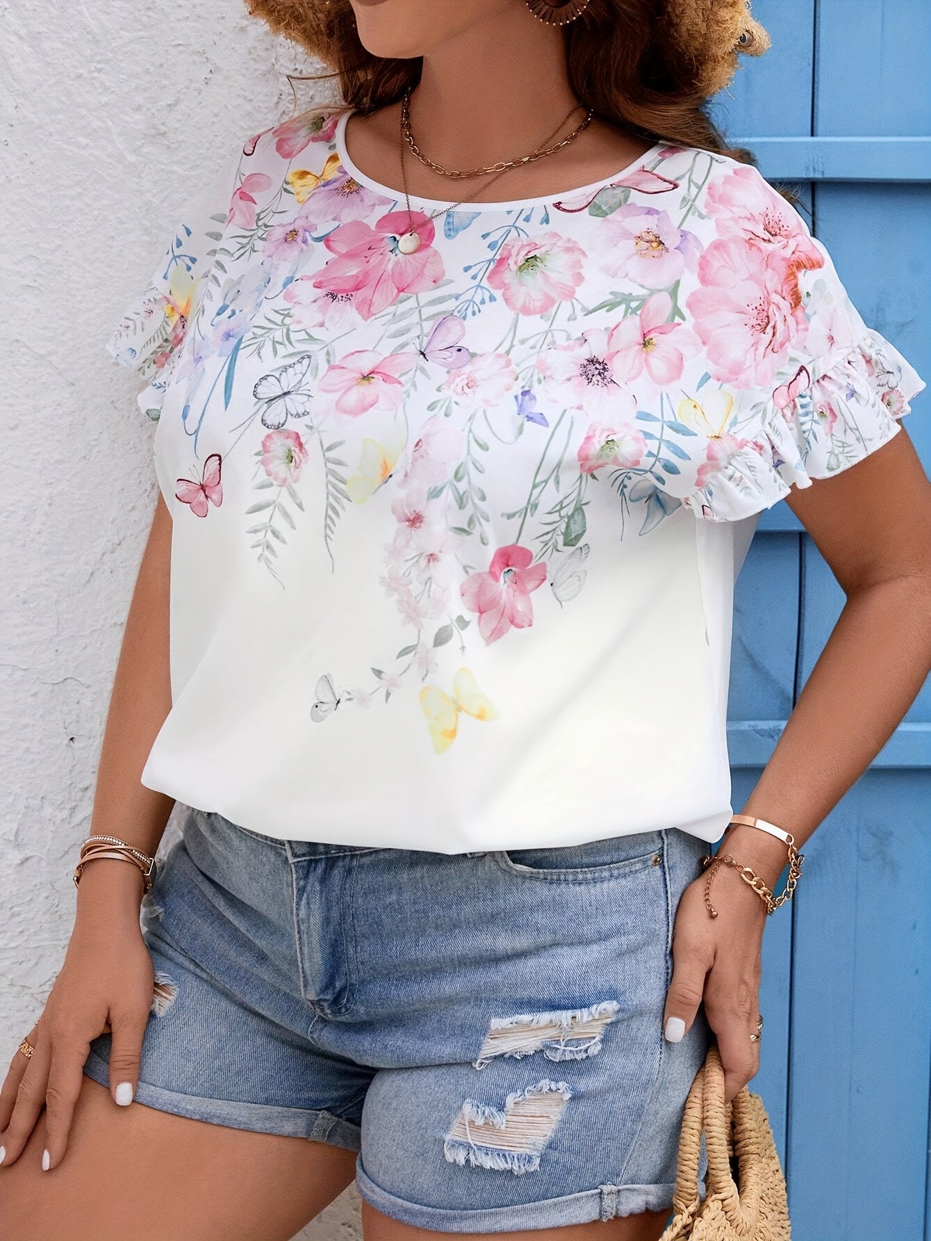 Women's Floral Print Short Sleeve T-Shirt Lightweight Summer Top with Ruffle Sleeves