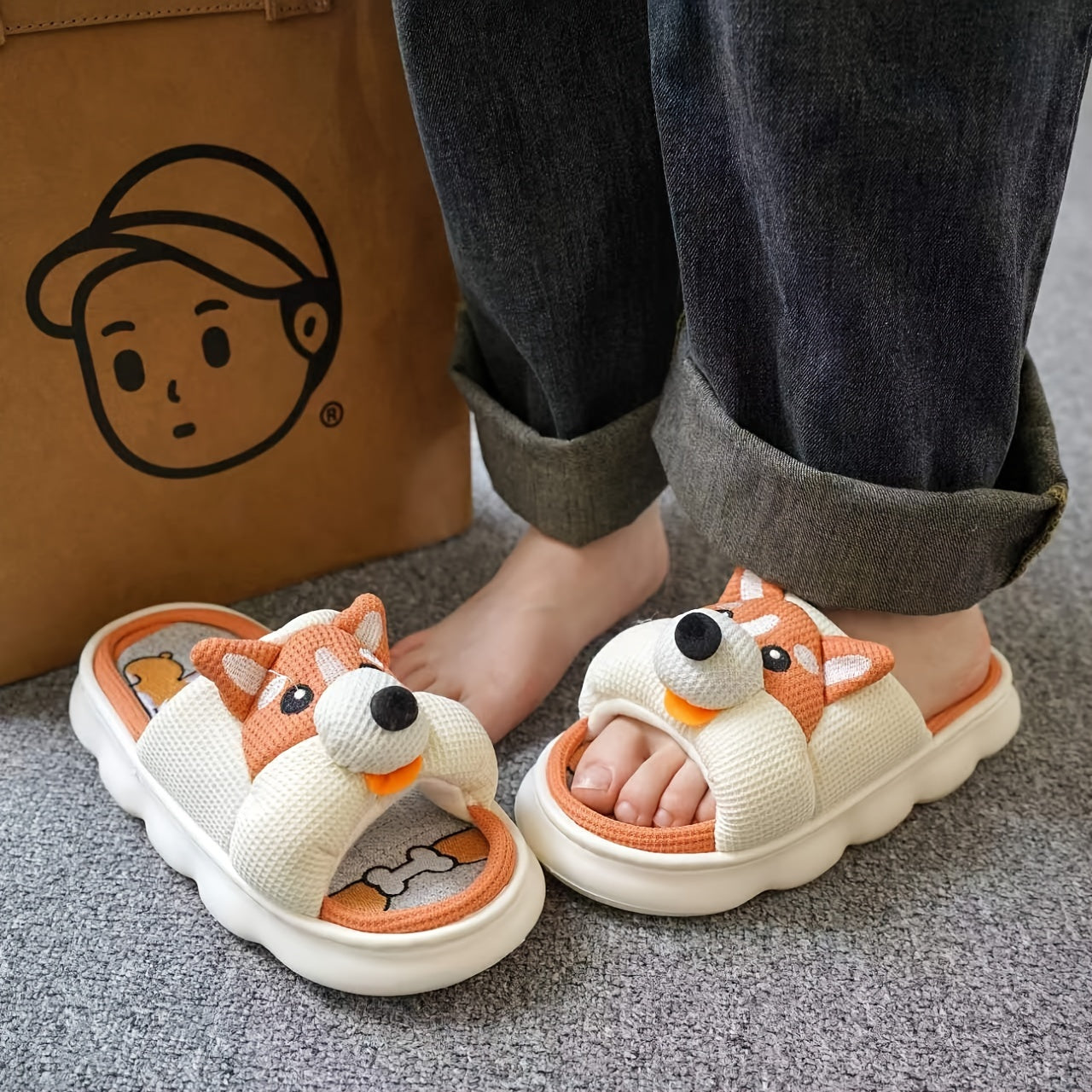 Women’s Linen Open Toe Slippers with Cute Dog Design Indoor Comfort