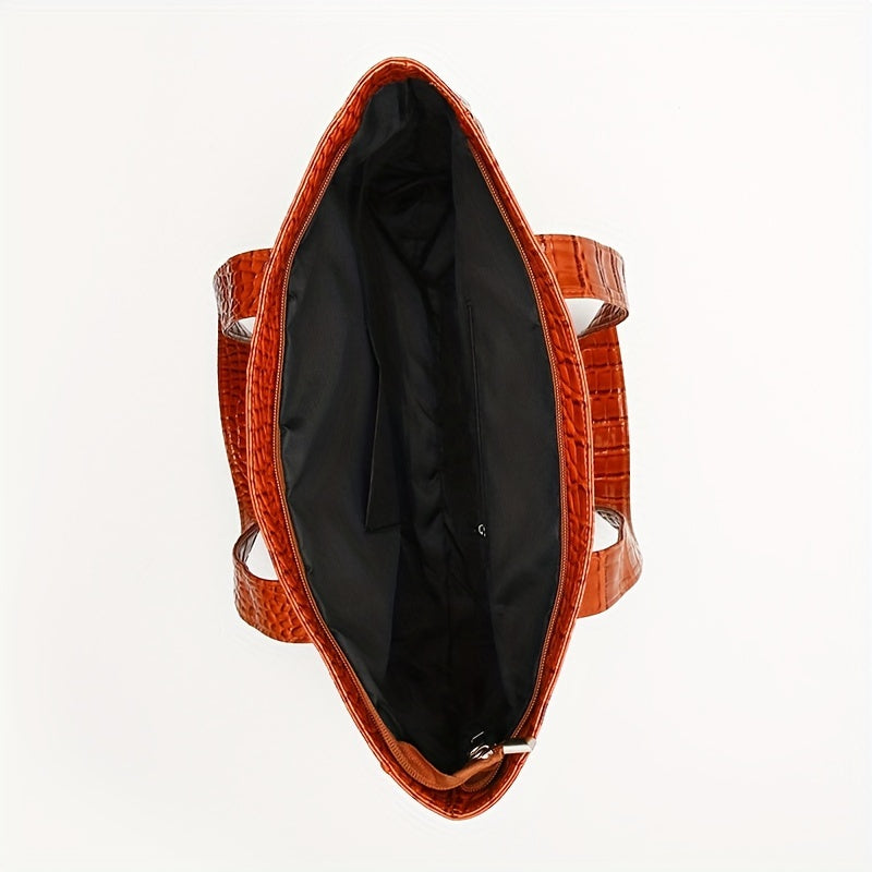 Blue Crocodile-Embossed PU Tote Bag with Zipper Closure for Women