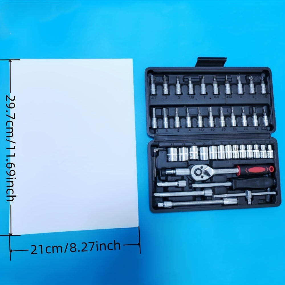 Juego de llaves de vaso de acero cromo vanadio de 46 piezas con carraca, juntas universales, extensiones y adaptador para taladro para reparación automotriz y del hogar
