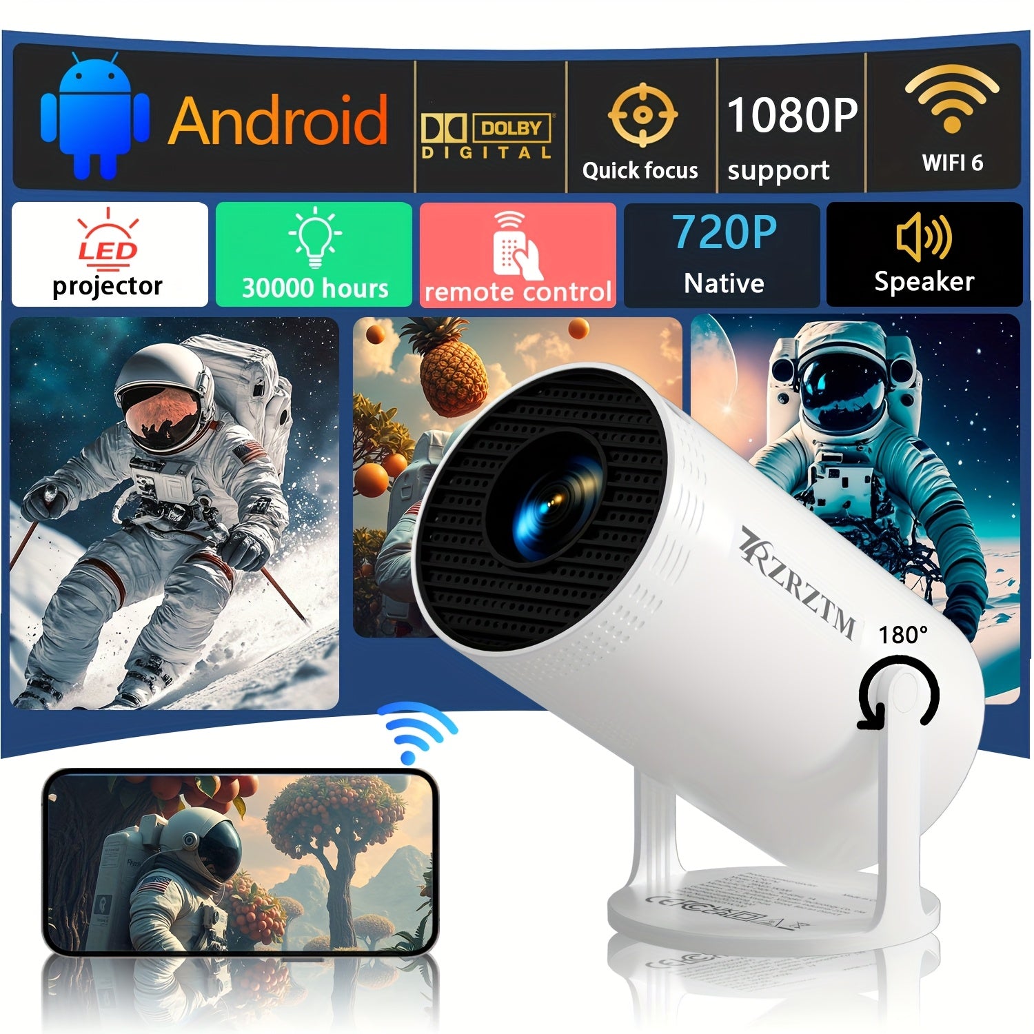 Portable Smart Projector With Auto Correction Wi-Fi HD 1080P
