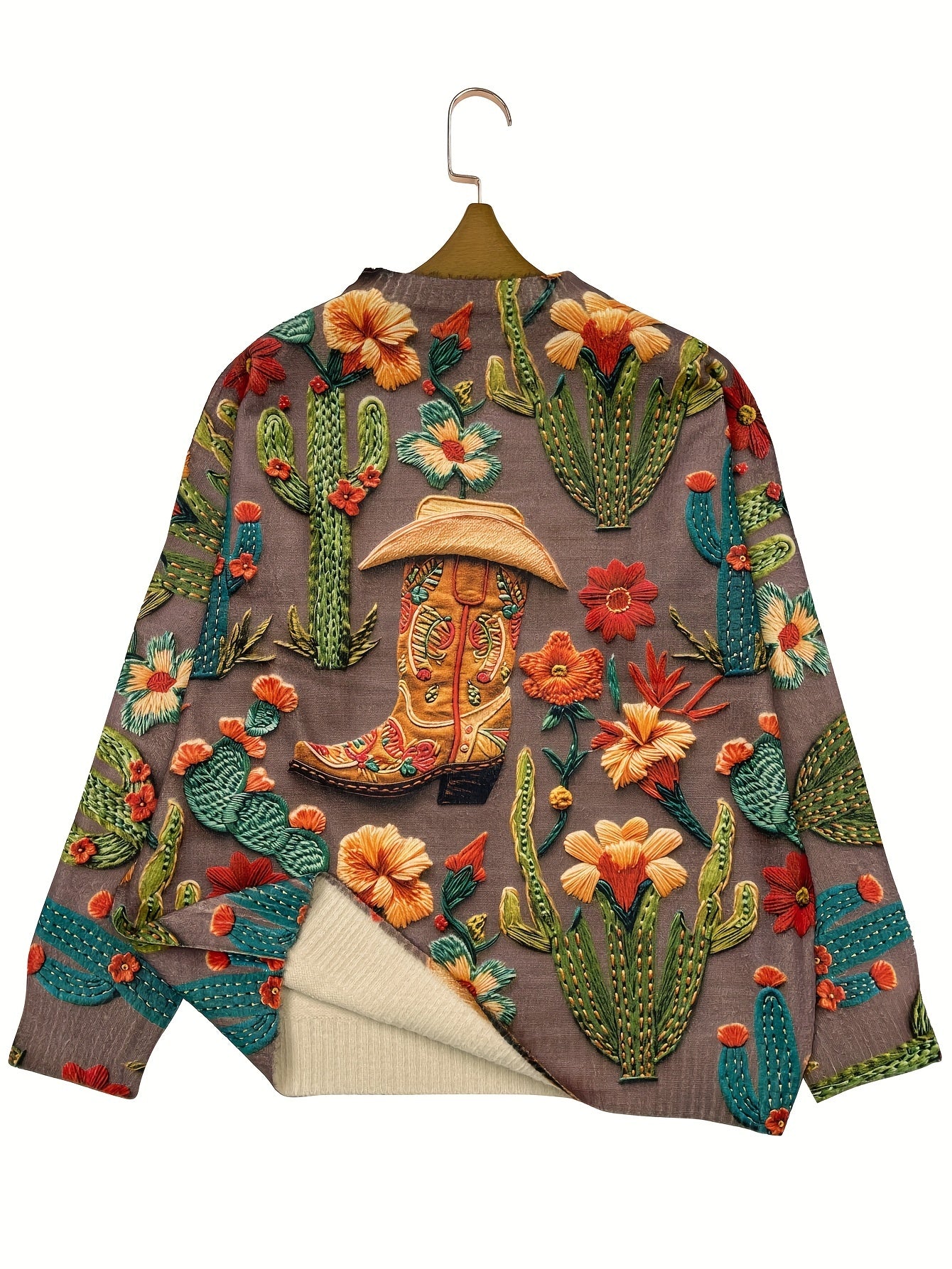 Plus Size Women's Western Cowboy Knit Sweater Cactus Floral Print