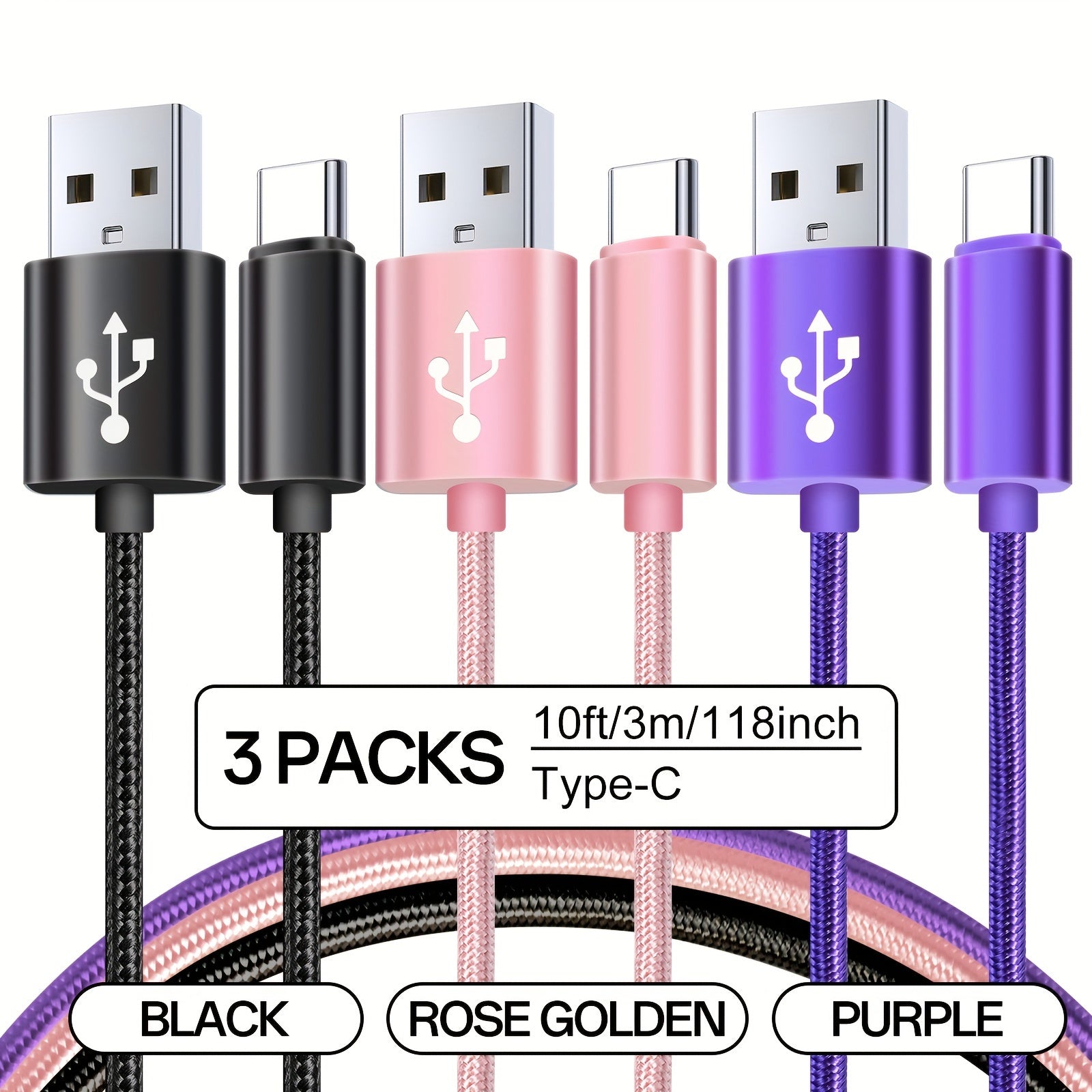 3pcs Nylon Braided USB C Charging Cables Fast Data Transfer for Samsung Google Pixel LG Sony Oppo Moto