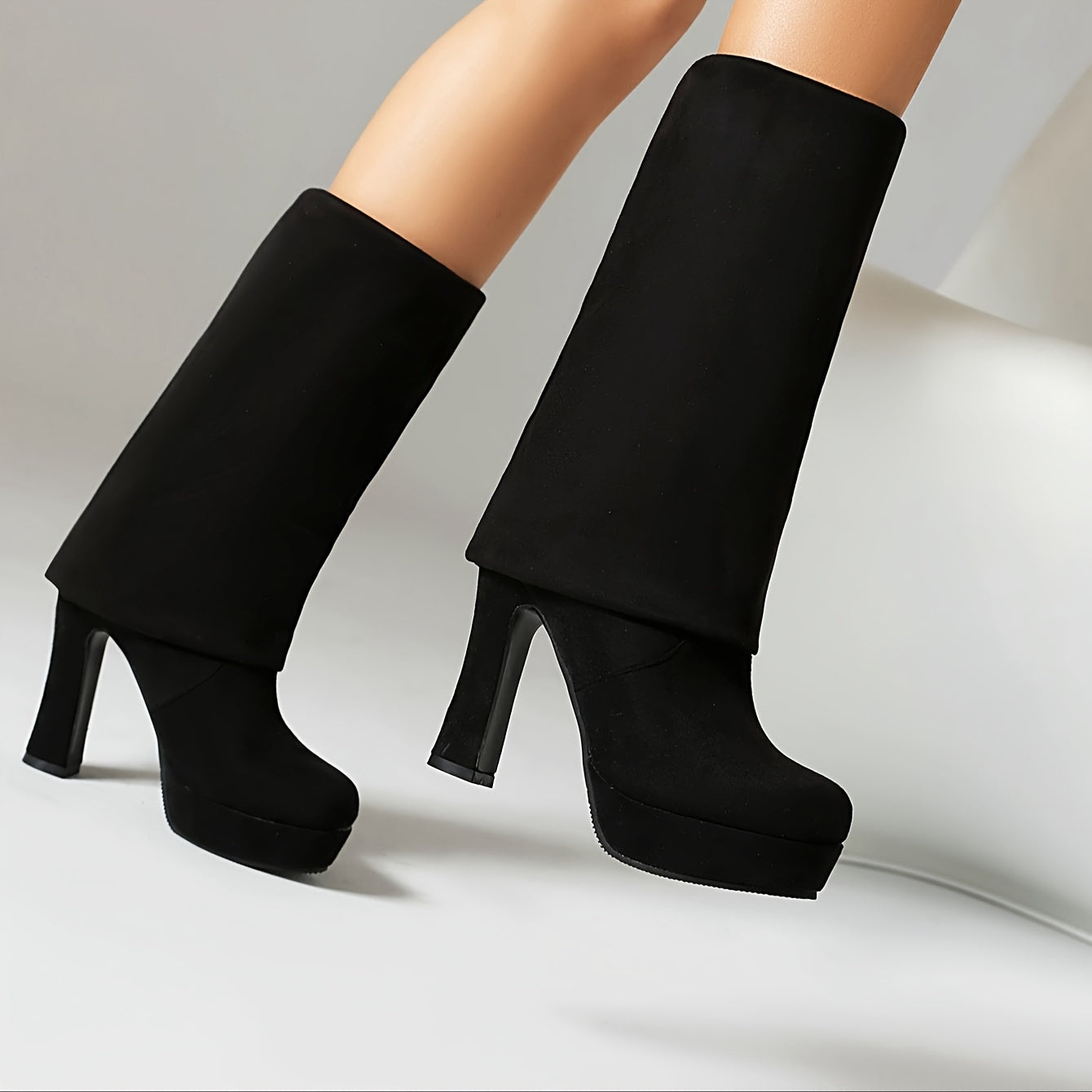 Women's Solid Color Block Heeled Over The Knee Boots Stylish Slip-On