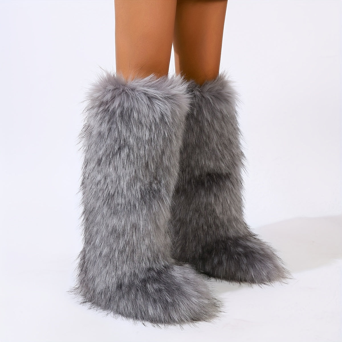 Women's Faux Fur Knee-High Boots with Round Toe Pull-On Flat Heel