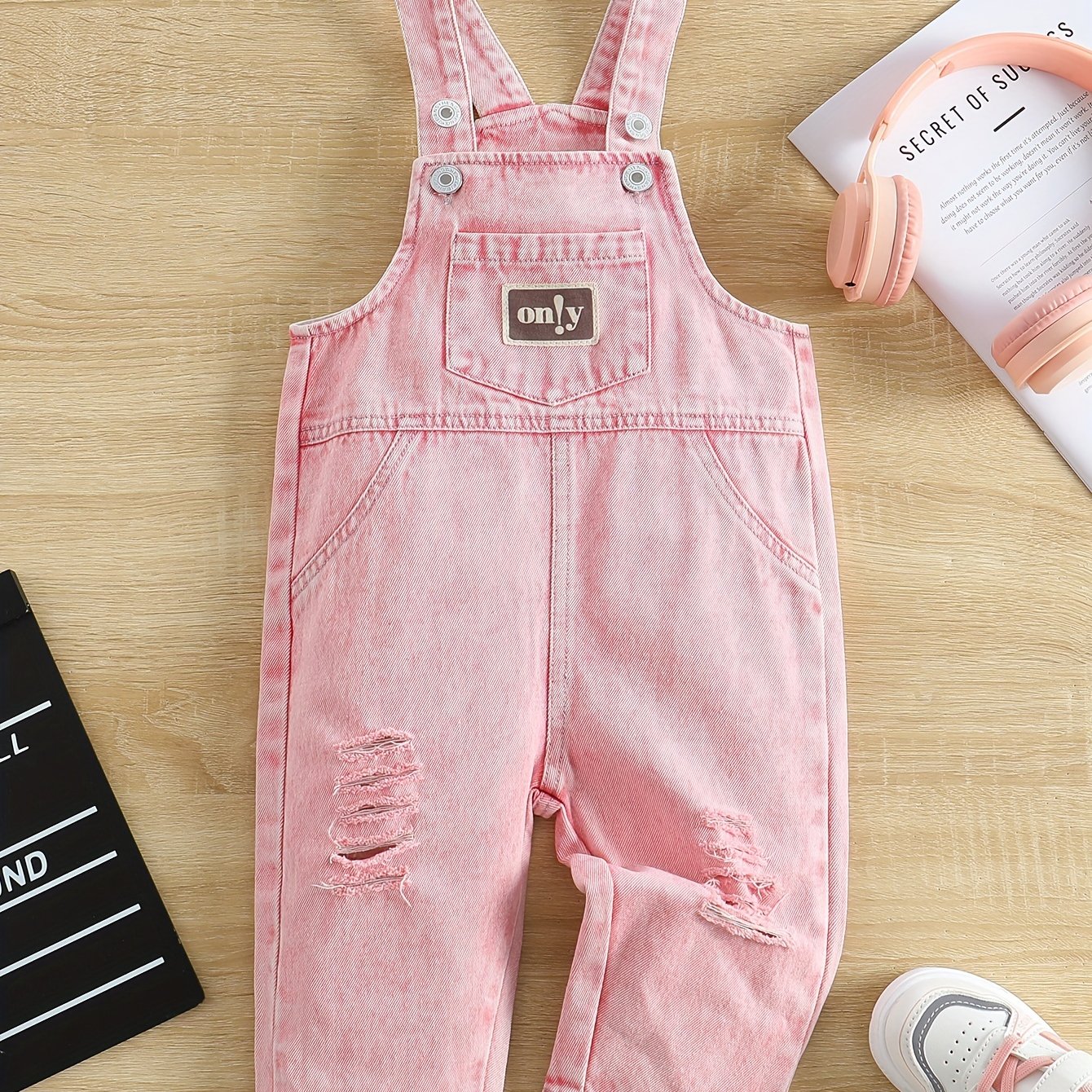 Baby Girl Denim Overalls with Alphabet Pattern Ripped Details Cotton Blend Spring Fall