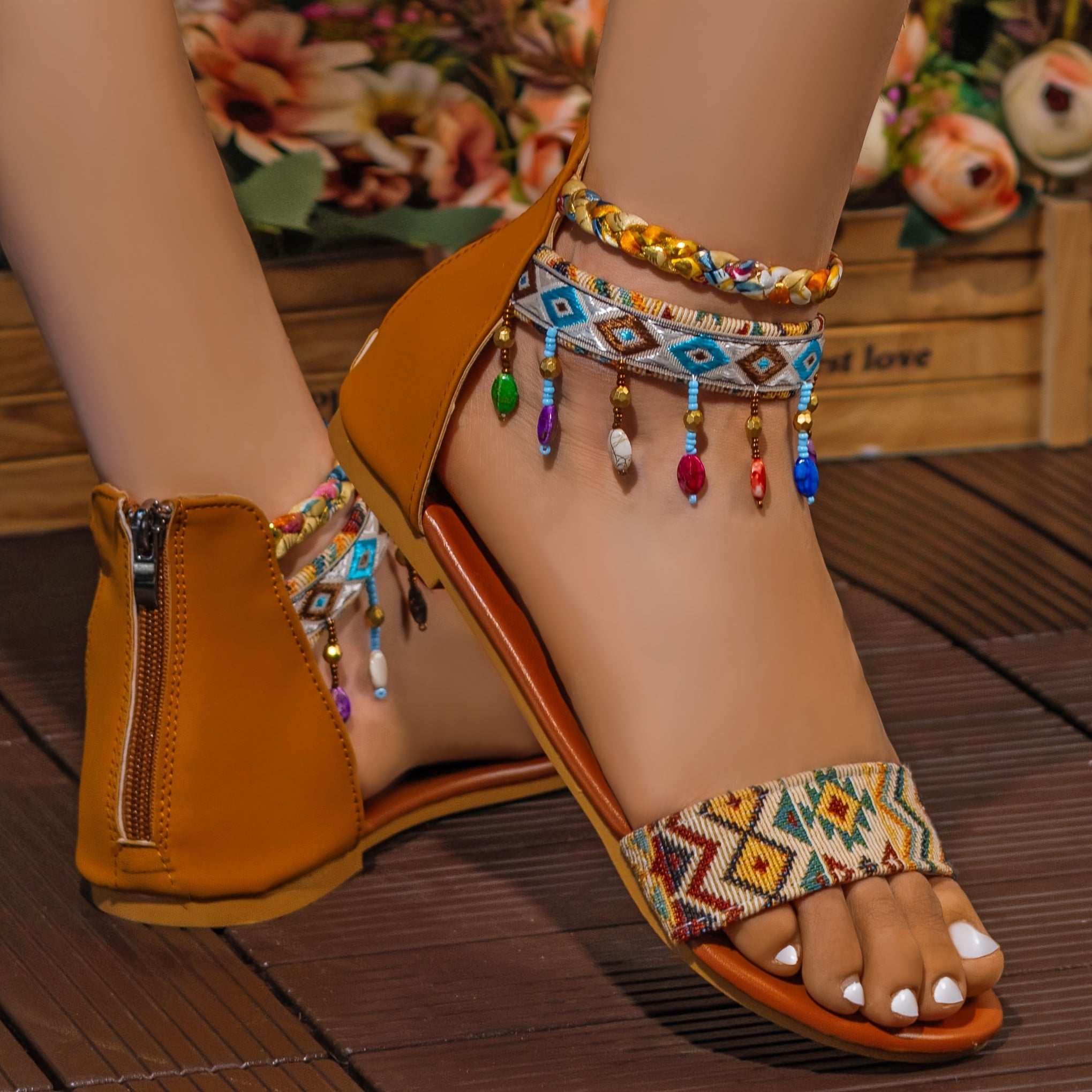 Women's Bohemian Beaded Flat Sandals with Ankle Straps Open Toe