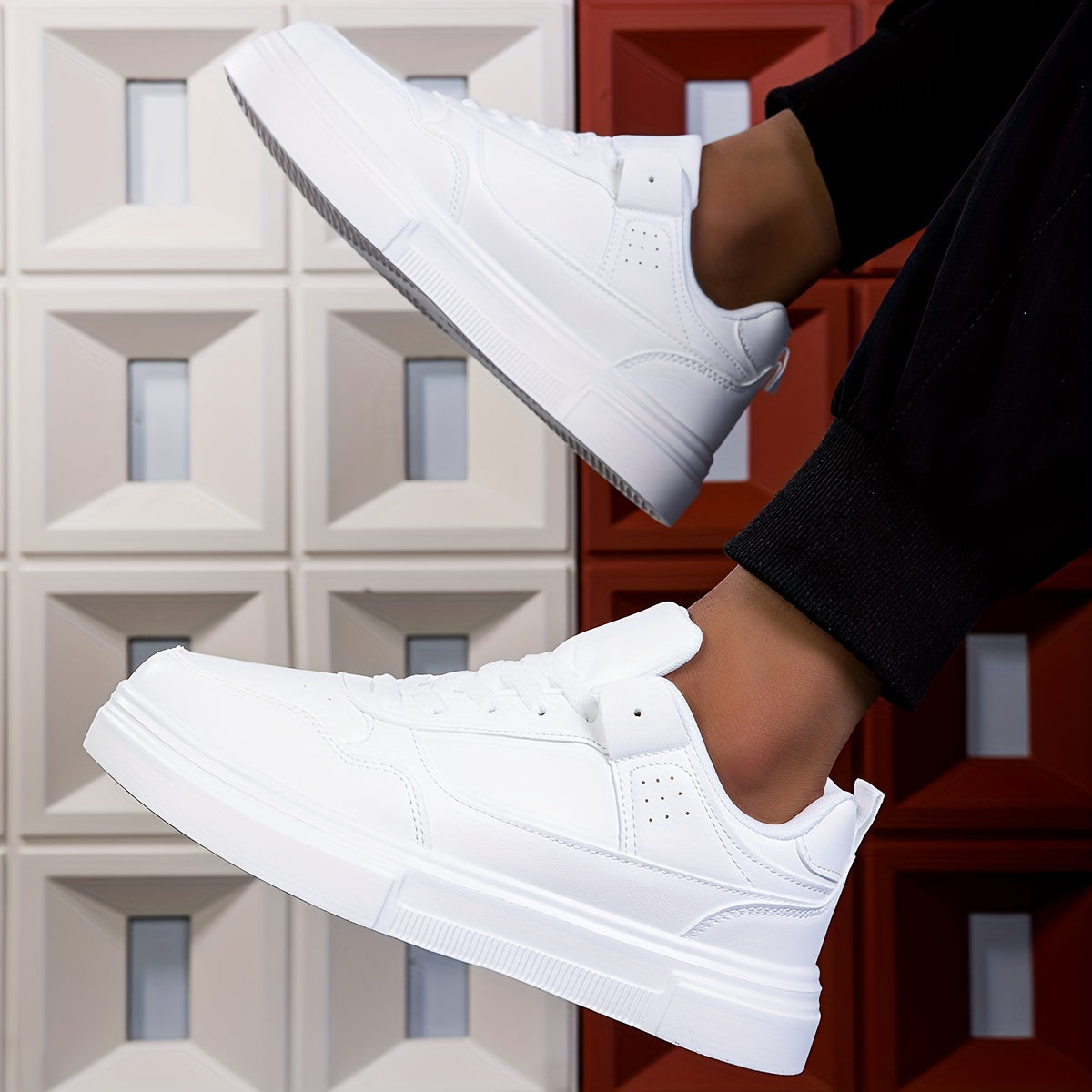 Men's White Casual Sneakers Low Top Lace-Up EVA Sole All-Season Sports Footwear