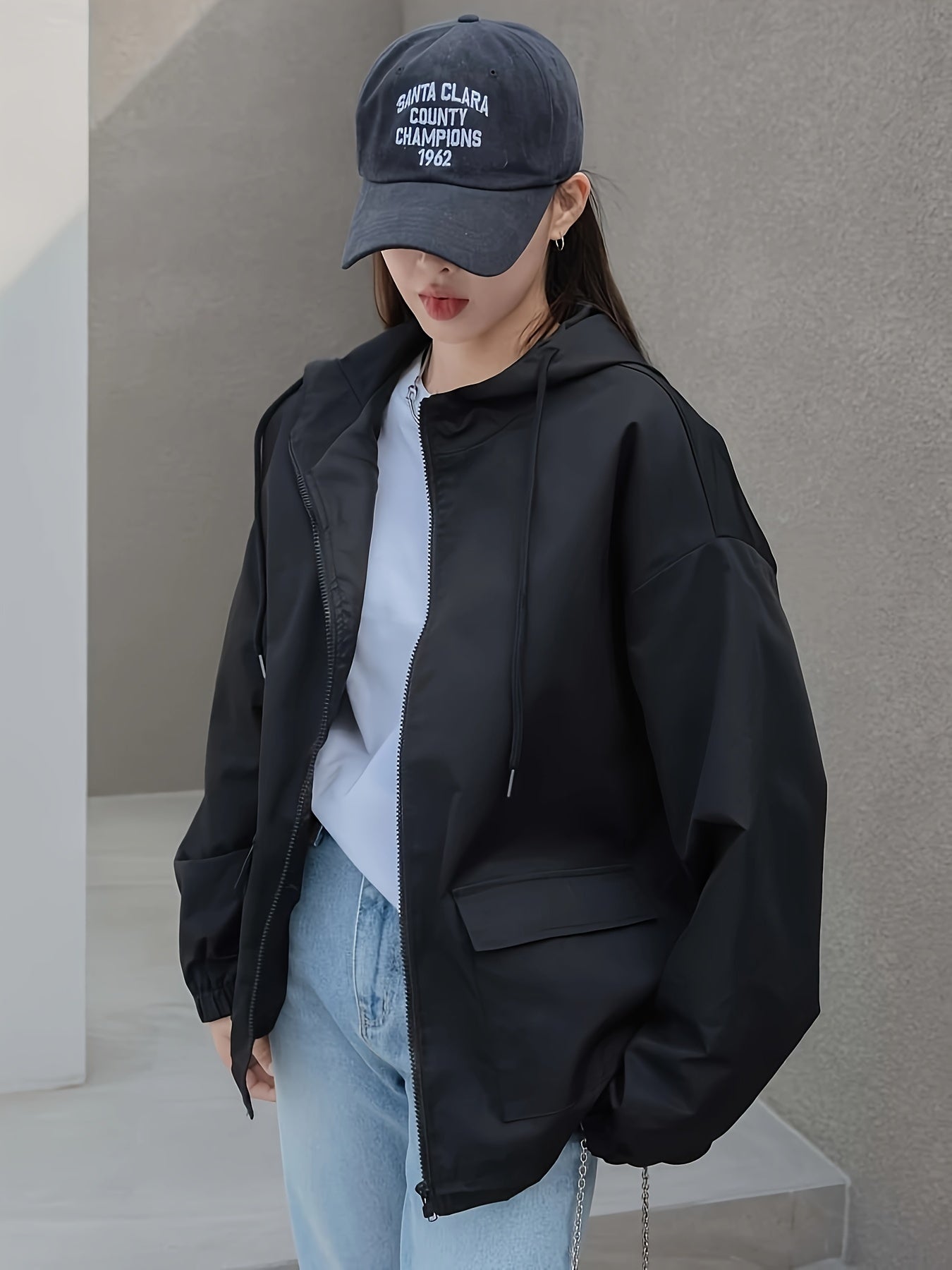 Hooded Drop Shoulder Drawstring Jacket for Women Polyester Casual Spring Fall