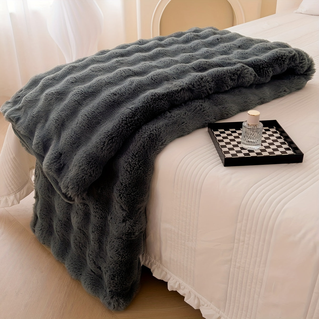 Polyester Faux Rabbit Short Plush Bed Blanket Solid Color Multi-Purpose All Seasons