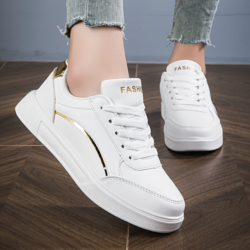 Women's White Sneakers with Gold Accents Low-Top Comfortable Casual Walking Shoes