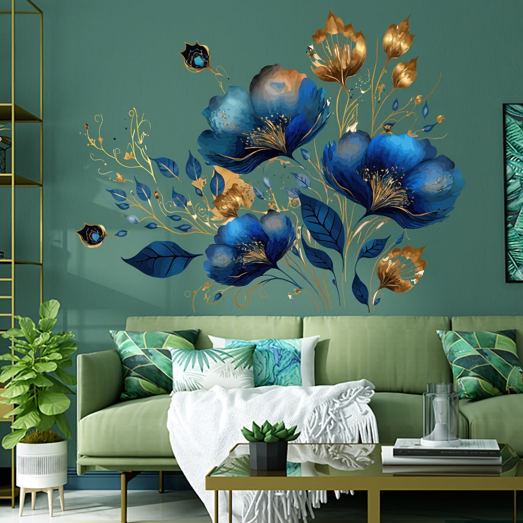 Blue Watercolor Floral Wall Decal Waterproof Self-Adhesive PVC Sticker for Home Decor