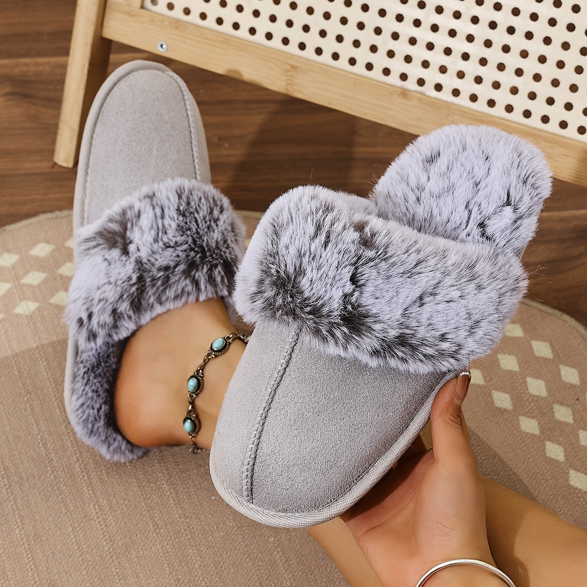 Women's Plush Lined Slippers with Glittery Gold Sole Indoor House Shoes