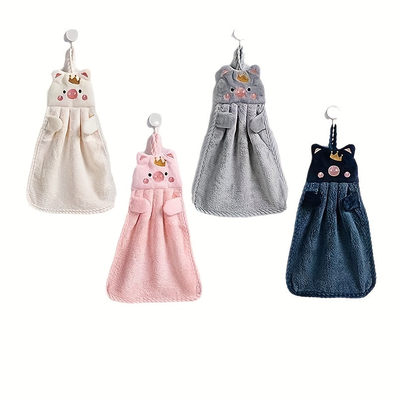 Absorbent Coral Velvet Hand Towel with Cartoon Pig Design for Kitchen Bathroom Living Room