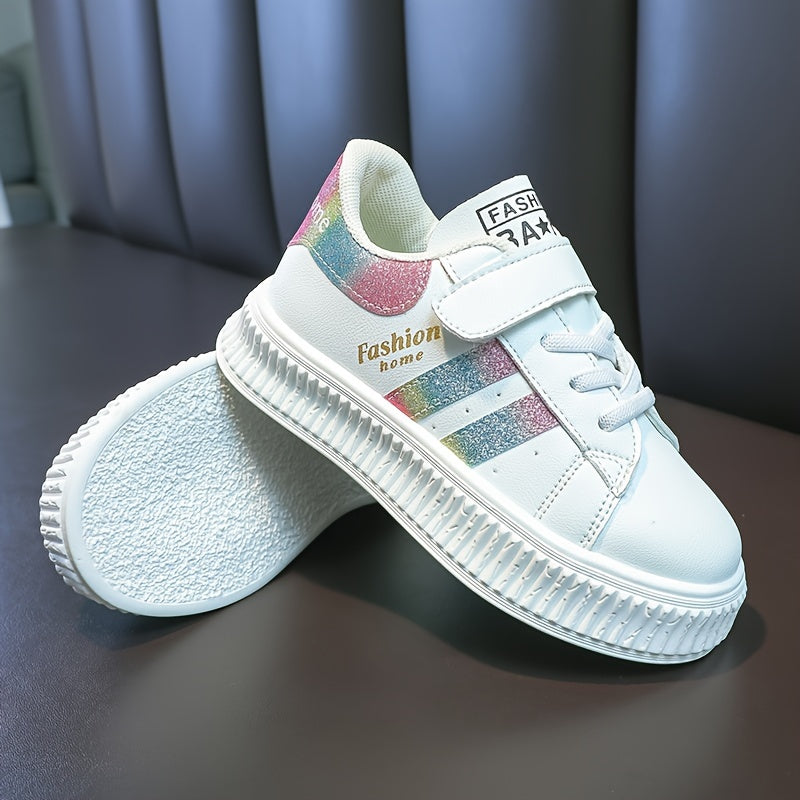 Kids Casual Sneakers with Stripe Design, PU Upper, Rubber Sole, Hook and Loop Fastener, Unisex